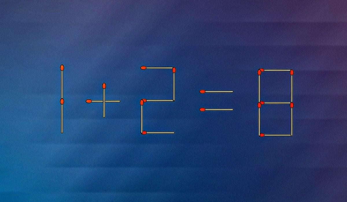 Трябва да преместите само едно съвпадение, за да направите уравнението 1+2=8 правилно: прост IQ тест Трябва да преместите само едно мачле, за да е вярно уравнението 1+2=8: прост тест за интелигентност